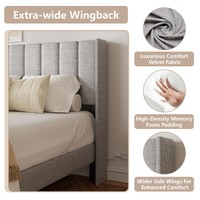 Lit plateforme convertible réglable marron personnalisé avec tête de lit à volants, revêtement en lin, support métallique renforcé, pour chambre principale moderne