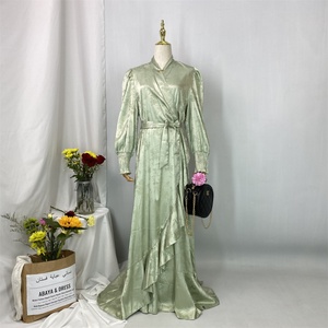 6572# 5 Colors Satin Floral Printed <b>Maxi</b> Dress Long Sleeve Wrap Dresses With Side Ruffles Turkey Islamic Arab Muslim Robe Longue - Product Image 4