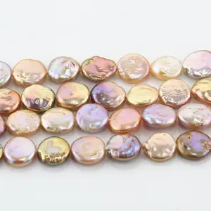 12-13mm pink lavender multi mix color coin real natural freshwater pearl beads