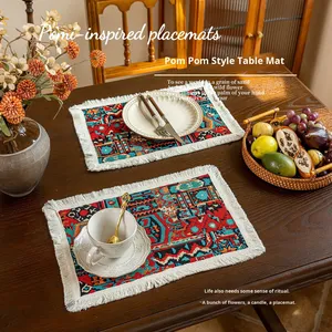 Napperon de Bohème rouge de luxe haut de gamme américain <span class=keywords><strong>Nappe</strong></span> de table vintage de style marocain faite à la main en polyester-coton Ins Style Home - Product Image 3