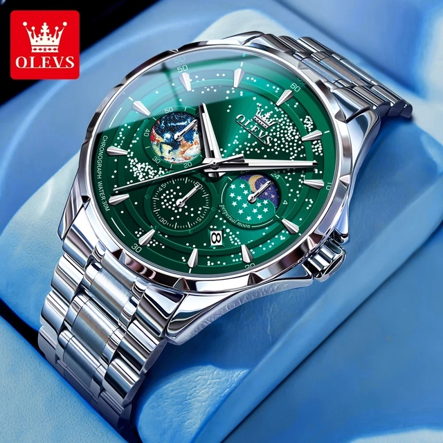 OLEVS 5538 Green Quartz Fashion Mens Watches Luxury Business Luminous Moon Star Design Diamond Design Stainless Steel Watch
