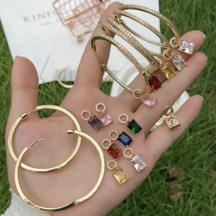 Fashion Zircon Huggie Earrings For Women Brass 18K Gold Plated Colorful CZ Stone Hoop Earrings