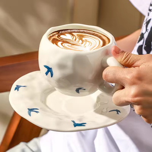 Ceramic Coffee Mug <b>Set</b> With Heart Pattern Red Handle Heat Resistant Dishwasher Safe Home Use Gift - Product Image 2