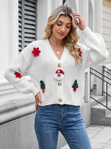 Cardigan de Noël pour <span class=keywords><strong>femme</strong></span> en gros, <span class=keywords><strong>pull</strong></span> court en tricot ample avec appliques au crochet, veste d'extérieur pour fêtes de fin d'année, hiver - Product Image 3