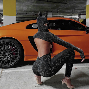 Combinaison moulante pour <span class=keywords><strong>femme</strong></span> à capuche, dos nu, découpes, scintillante, manches longues, style catsuit, tenue de soirée <span class=keywords><strong>sexy</strong></span>, OEM ODM personnalisable - Product Image 3