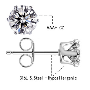 Nuovi Orecchini a Perno con Pietre CZ, Incastonatura a 6 Griffe, Zircone 3A+, Gioiello per Orecchie in Acciaio Inossidabile 316L Lucidato - Product Image 4