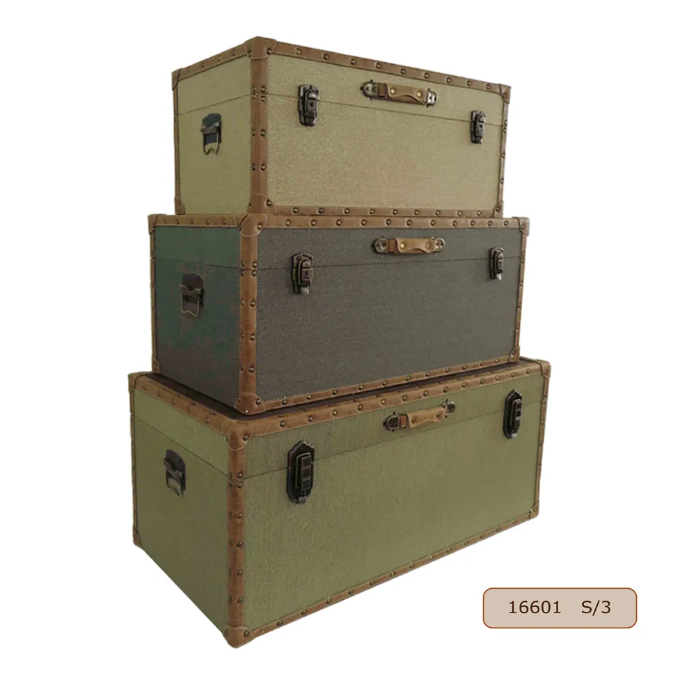 Trunks Storage Chest Boxes Sets Large Canvas Surface and Decorative Wood on Top Living Room Furniture Modern