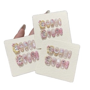 <span class=keywords><strong>Uñas</strong></span> Postizas Francesas Hechas a Mano de Alta Calidad con Lindos Puntos, <span class=keywords><strong>Uñas</strong></span> Postizas Cortas Cuadradas con Diseño Único de Gatito y Lazo - Product Image 4