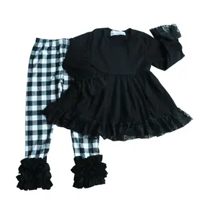 trendy girl clothes black dress pearl cotton top plaid icing pants wholesale children girls turkey clothes