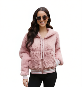 Chaqueta polar con capucha para mujer, rosa, manga larga, informal, para invierno, antipilling, de punto, color liso, con cierre de cremallera y hombros caídos - Product Image 1