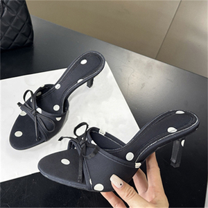 Sandales à talons aiguilles sexy style club pour femme 2025 – Nouveauté été-automne, à pois, bout ouvert, avec nœud, noires, grande taille 43 - Product Image 2