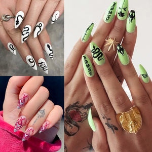 24 pièces/boîte ongles de cercueil à <span class=keywords><strong>flamme</strong></span> de longueur moyenne <span class=keywords><strong>faux</strong></span> ongles avec colle ongles à presser ongles artificiels - Product Image 6
