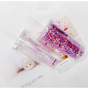Vasos personalizados Con logotipo de Sorbete, Vasos de plástico transparente rosa Con purpurina Y Pajita, venta al por mayor - Product Image 2