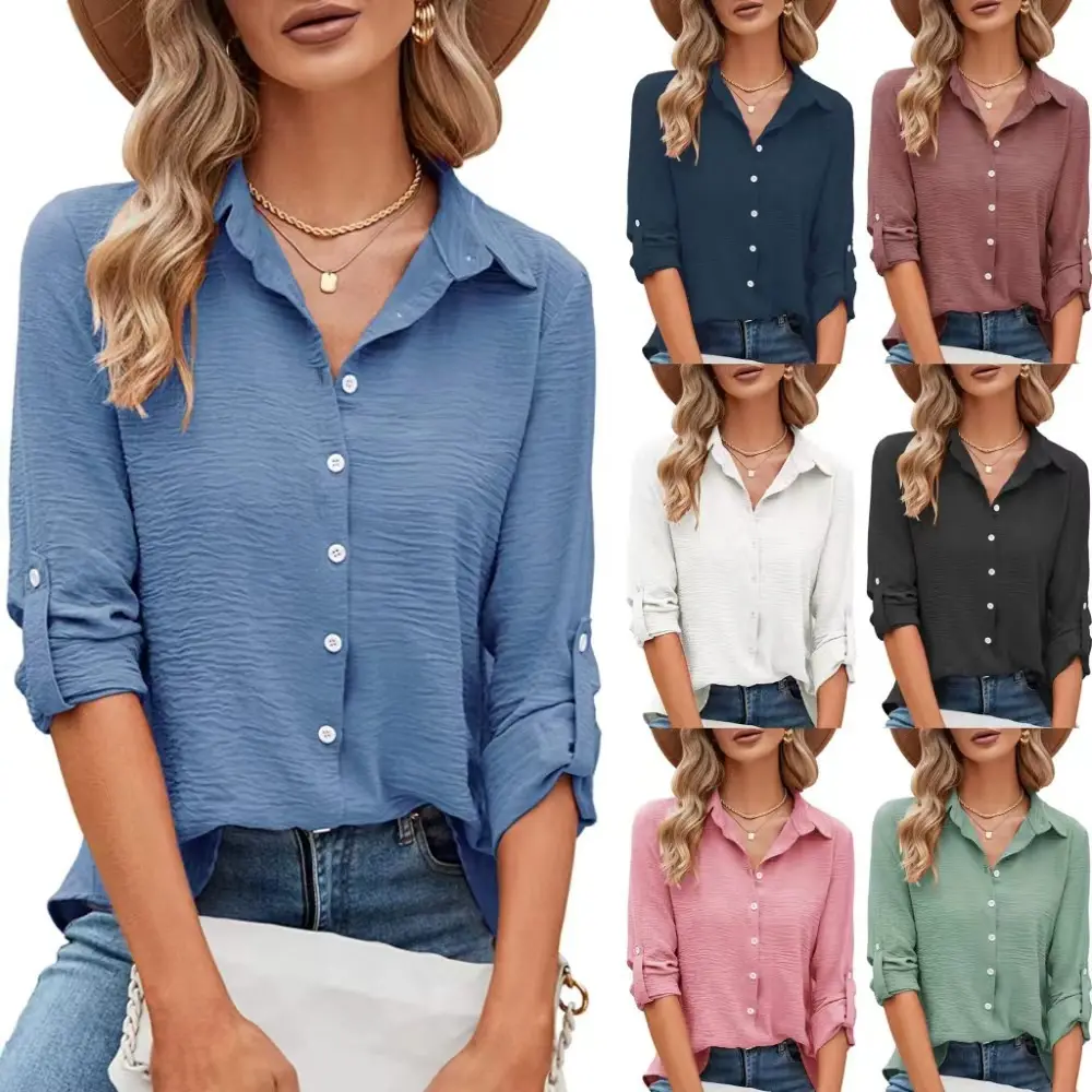 Womens Casual V Neck Rolled Up Sleeve Plain Loose cheap button down shirts Polo Tops ladies blouses