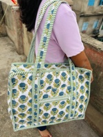 Tas Tote berlapis katun cetak blok India untuk wanita tas tangan besar rantai buka tutup untuk Perjalanan Ulang Tahun/hadiah Natal ide