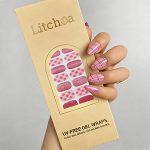 Bandes de vernis à ongles en gel sans UV, longue durée, motif à carreaux rose, finition brillante rose pailleté, auto-adhésives - Product Image 1