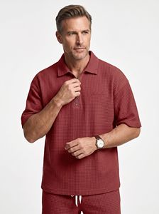Set Estivo Casual da Uomo in Maglia Waffle, 2 Pezzi, <span class=keywords><strong>Polo</strong></span> con Mezza Zip e Pantaloncini <span class=keywords><strong>Oversize</strong></span>, Direttamente dal Produttore - Product Image 2