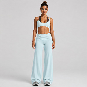 Striped Halter Double Layered Breathable <b>Bra</b> Top With Fold-over Waistband High Waist Wide Leg Yoga Pants Leggings Set - Product Image 3
