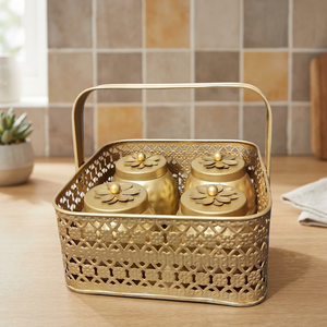 Vintage Metal Spice Storage <b>Basket</b> <b>With</b> Handle 8x4 Inches Kitchen Organizer For Spices <b>With</b> <b>Lids</b> Handcrafted Design - Product Image 1