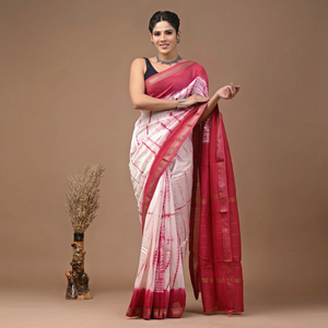 Sari en soie Maheshwari pure imprimé à la main avec pièce de blouse – Élégant soie Maheshwari pure – Vêtement ethnique imprimé à la main - Product Image 1