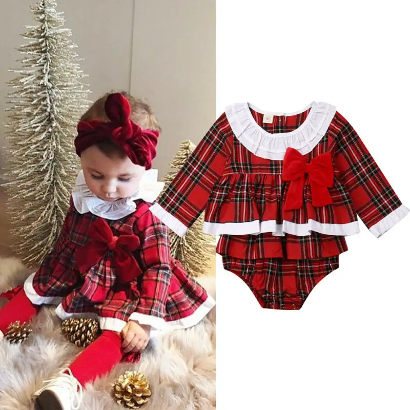 Xmas Bayi Gadis Pakaian Plaid Ikatan Simpul Baju Monyet Panjang Lengan One-Piece Jumpsuit Keseluruhan Pakaian Hadiah Natal