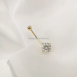 Classique 16G nombril anneau quatre griffe réglage pierre ronde ventre barre 14K or véritable 1.2mm épaisseur barre corps bijoux