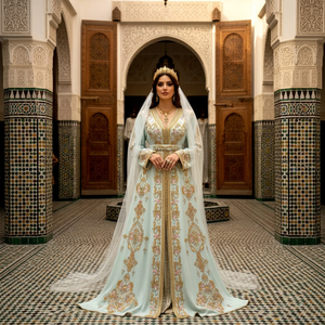 Caftan en crêpe bleu clair avec broderie dorée à la main, robe de mariée traditionnelle longue pour femme, séchage rapide, protection solaire - Product Image 1