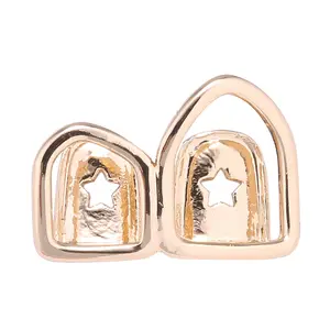 Hollow Open Face Double Tooth Grillz Yellow Gold Color Plated Top Two Right Canine Teeth Grills Caps