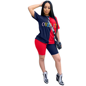 Mujer Casual 2 piezas traje de manga corta carta impresión camisetas <span class=keywords><strong>Faldas</strong></span> Pantalones cortos conjunto - Product Image 5