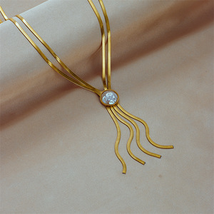 European American Design Pearl Round Multi Layer <b>Titanium</b> Steel Tassel Necklace Gift Jewelry Gold Color - Product Image 2