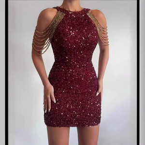 Halter Neck <b>Sequined</b> Bodycon Dress With Crystal Chains Cut-Out Sheer Layer Evening Gown - Product Image 2