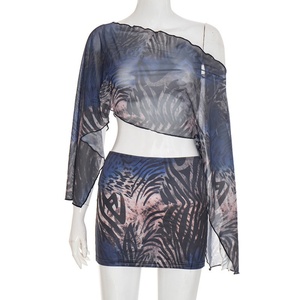 Viviblook ชุดสองชิ้นกระโปรงสั้นรัดรูปลายตาข่ายเปิดไหล่หนึ่งข้างสำหรับฤดูใบไม้ร่วงแบบใหม่ D25ST403 - Product Image 5