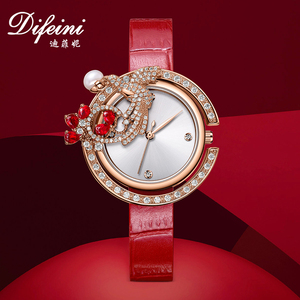 Montre Femme Quartz Luxe Motif Phénix Chinois Or Rose Acier Inoxydable Bracelet Cuir <span class=keywords><strong>Rouge</strong></span> Orné Diamants <span class=keywords><strong>Rubis</strong></span> Cristal - Product Image 1