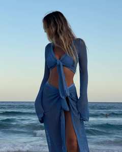 Abito da spiaggia con gonna lunga a vita alta lavorato a maglia da donna in due pezzi con fasciatura Sexy da spiaggia - Product Image 2