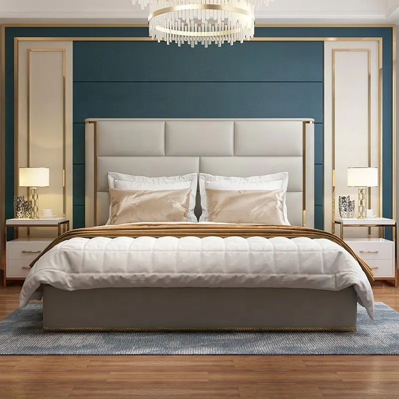 Elegant Modern Design High Quality Leather King Size Bed Solid Wood Frame Bedroom Furniture Bed Frame