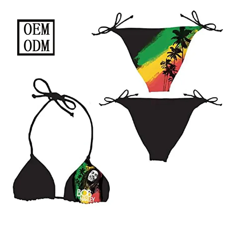 Wholesale Custom African Beachwear Bathing Suits Sets Weed Leaves Print Swimwear G String Bikini and Two Piece Swimsuit