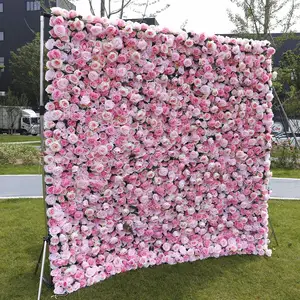 Bruiloft Achtergrond Decor Hoge Kwaliteit Roze Roos Gordijn 3d Oprollen Doek Stof Kunstmatige Bloem Muur