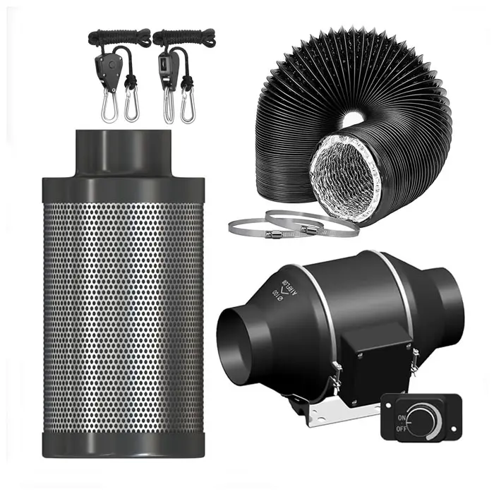 Quiet 4 Inch 212 CFM duct Fan Air Filtration Kit with 0-100% External knob Variable speed regulator Carbon Combo Air Filter