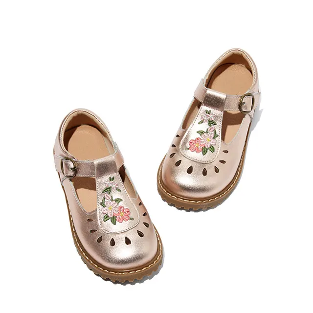 beige rose gold flower embroidery and hollow petal design kids shoes wholesale girls shoes for girls t-bar shoes