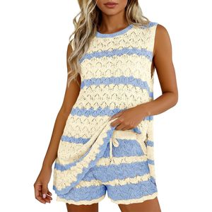 Womens <b>Crochet</b> Coverup <b>Set</b> Sleeveless Tank Top Drawstring Shorts 2 Piece Loose Knitted Summer Beach Outfit - Product Image 1