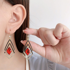 Mode coréenne géométrique Double diamant cristal boucles d'oreilles coloré rouge bleu diamant goutte balancent bijoux boucles d'oreilles femmes - Product Image 3