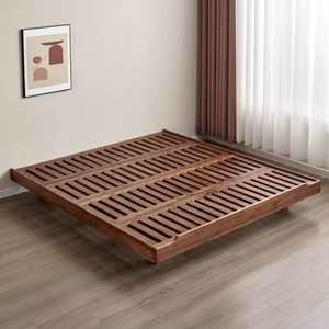 Cadre de lit flottant en bois de noyer noir sur mesure, style plateforme basse, design en rondins sans tête de lit, solide pour chambre à coucher. - Product Image 1