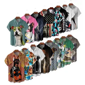 Plus Size all'ingrosso Vintage Beach poliestere camicia hawaiana cane stampato manica corta Button Down camicetta superiore regolare per uomo