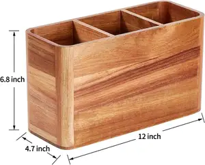 Organisateur d'ustensiles de cuisine comptoir 3 compartiments grand ustensile d'acacia porte-ustensiles en bois pour comptoir de cuisine