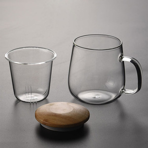 Transparent Glass <b>Tea</b> <b>Infuser</b> Cup With Wooden Lid And Handle Office Use Mushroom Shaped Straight Leg Design Solid Color - Product Image 2