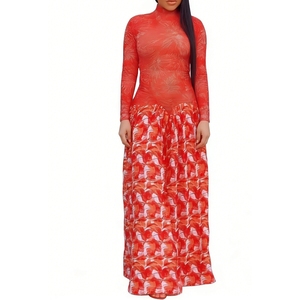 Vestido maxi de cuello alto estampado para mujer, de manga larga, ajustado, con estampado voluminoso, a la moda - Product Image 6