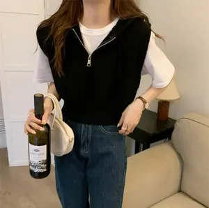 2024 Spring Autumn Women's Casual V-Neck Sweater Vest Solid Color Zipper Hooded <strong>Waistcoat</strong> Knitted Sleeveless Tops Loose Vintage - Product Image 4