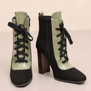 Bottines courtes pour femmes, grande taille 50, à lacets, motif bois, talons hauts épais, coupe large, patchwork - Product Image 5