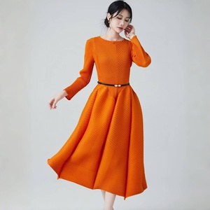 <span class=keywords><strong>Robe</strong></span> de bureau élégante plissée Miyake pour femme, longue, style kaftan, avec ceinture, taille haute, moulante, couleur unie, effet cascade, ample et extensible - Product Image 1