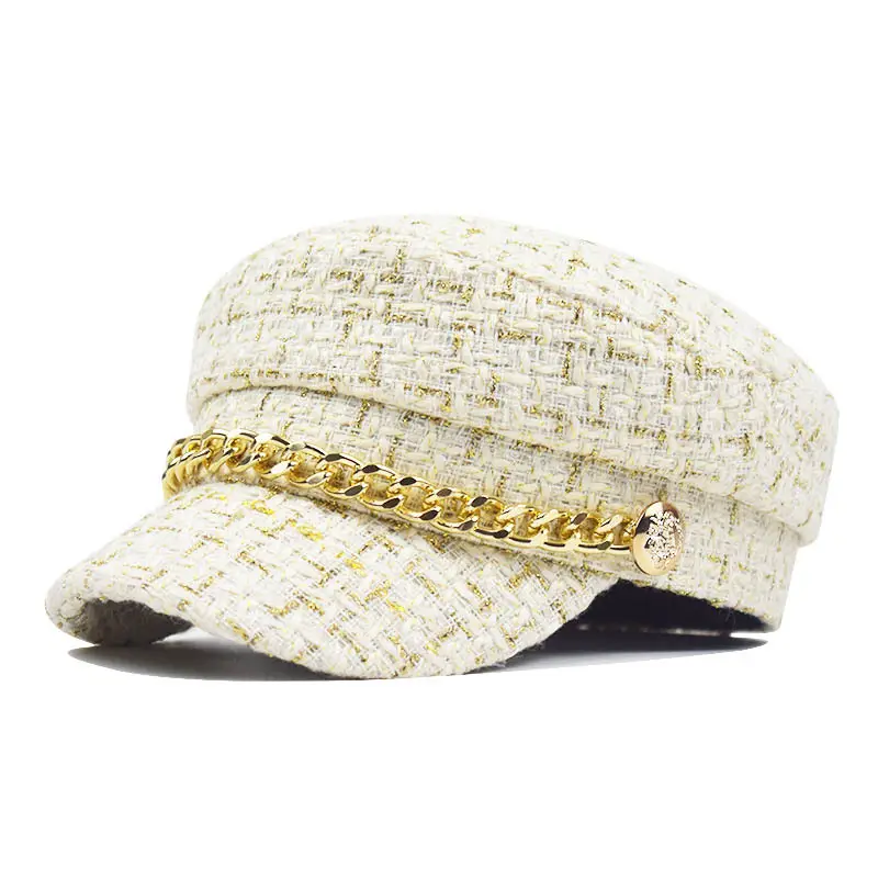 Autumn winter female retro Mosaic chain fashion wool hat gold silk line plaid 100 match octagonal hat beret